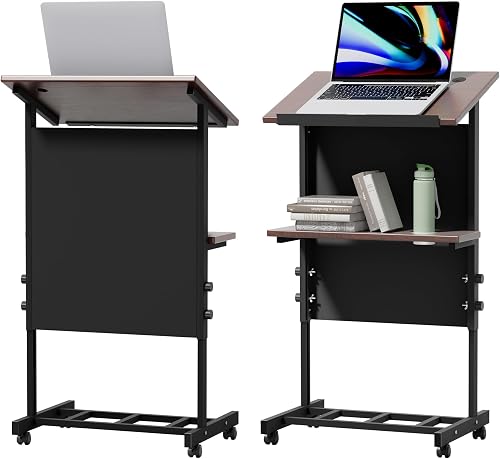 Stehpult mit Rollen, mobiles, tragbares Rednerpult, höhenverstellbares Rollrednerpult mit Ablage und Getränkehalter für Präsentationen und Laptopnutzung