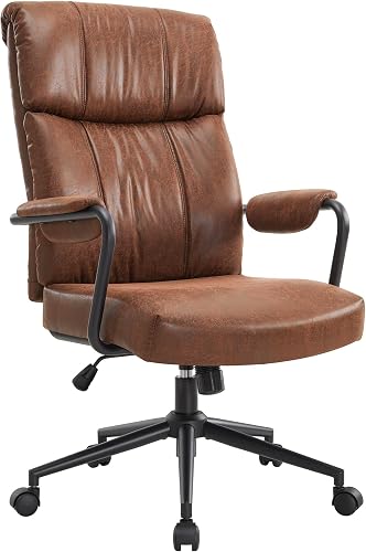 IWMH Mid-Century Bürostuhl, Ergonomischer Moderner Schreibtischstuhl, alte Kunstleder Stoffe Chefsessel mit Lumbalstütze, hoher Rückenlehne, Höhenverstellbarer Drehstuhl, Braun (Braun)