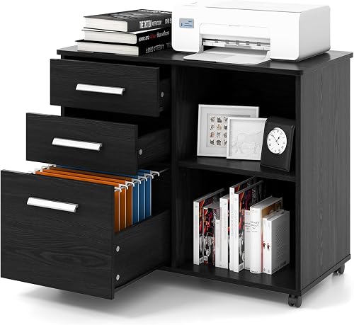 GOPLUS mobiler Aktenschrank, Rollcontainer mit 3 Schubladen & 2 offenen Fächern, Bürocontainer mit Rollen, Büroschrank Druckerschrank Beistellschrank für Büro & Wohnzimmer, 81 x 41 x 66cm (Schwarz)