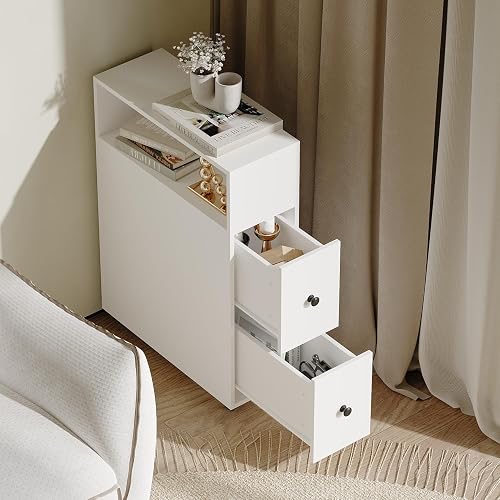 Schmaler Ablageschrank,1 Fach 2 Schubladen Nischenregal Küchenregal Schrank Schieberegal schmaler Rollwagen, Nischenwagen Küche, Nischenregal auf Rollen, Badrollwagen Badregal Weiß, 72 x 48.6 x 4.8 cm