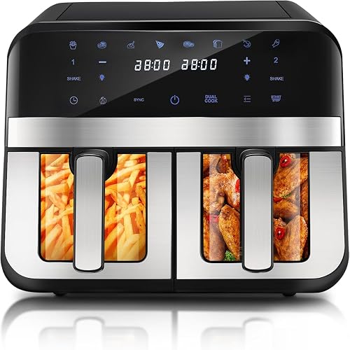 Heißluftfritteuse mit Sichtfenster 8L, Heissluftfritteuse Air Fryer mit Digitalem LED-Touchscreen, 10-in-1 Airfryer, Smart Touchscreenund Timer-Funktion, Gesunde Friteuse ohne Öl und fettarmes Kochen.