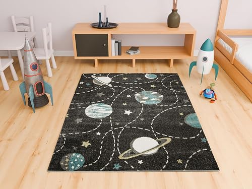 AKCILA Lima Grau Planeten,Kosmos 120x170cm,Kurzflorteppich Schlafzimmer, Kinderzimmer Teppich, Babyzimmer Tepich,Teppiche Gegend, Dekorativ Kids Carpet,Kinderteppich,Spielteppich Kinder,Teppich Jugend