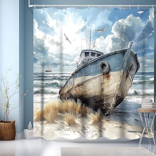 Duschvorhang 300 x 180 cm, Duschvorhang Wasserdicht mit Gewicht Badezimmer Vorhang Badewannenvorhang Polyester Textil mit Muster mit Ösen und 12 Duschvorhangringe für Badewanne, Strand Boot V-371