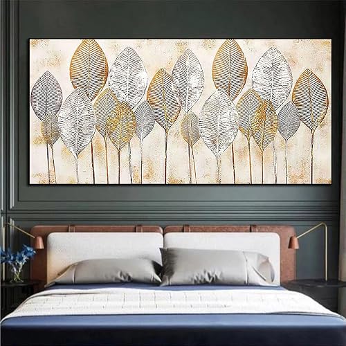 ZMFBHFBH Abstrakte Große Größe Dekoratives Bild für Wohnzimmer Schlafzimmer Goldene Blätter Wandkunst Poster Malerei Drucke auf Leinwand Dekoration 70x140cm (28x55in) Mit Rahmen