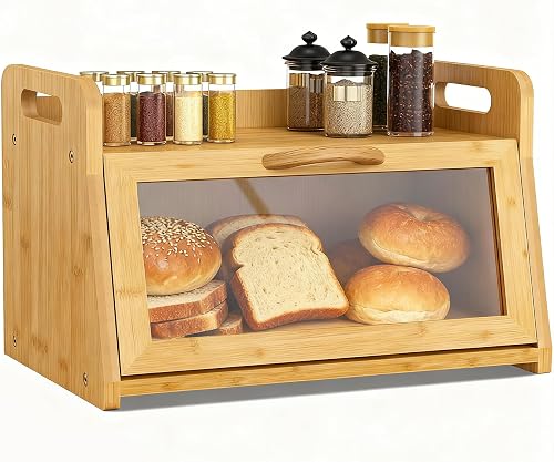 BAMBANG Extra Großes Brotkasten, 2 Etagen Bambus Brotbox für Küchen, Holz Brotbehälter mit Werkzeughalter, Sichtfenster – (37,8 cm x 27,9 cm x 38,9 cm) Schwarz