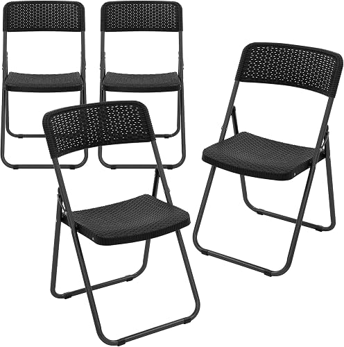 ECD Germany Klappstühle 2er Set, Rattan-Optik, Schwarz, Klappstuhl mit Metallrahmen, platzsparend, belastbar bis 200kg, Wetterfest, UV-beständig, Gartenstuhl klappbar, Campingstuhl Balkonstuhl faltbar